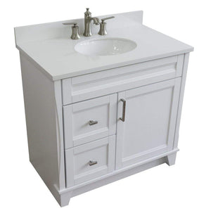 Bellaterra Home Vanity BellaTerra Home 37" Single sink vanity in White finish with White quartz and CENTER oval sink- RIGHT drawers 400700-37R-WH-WEOC