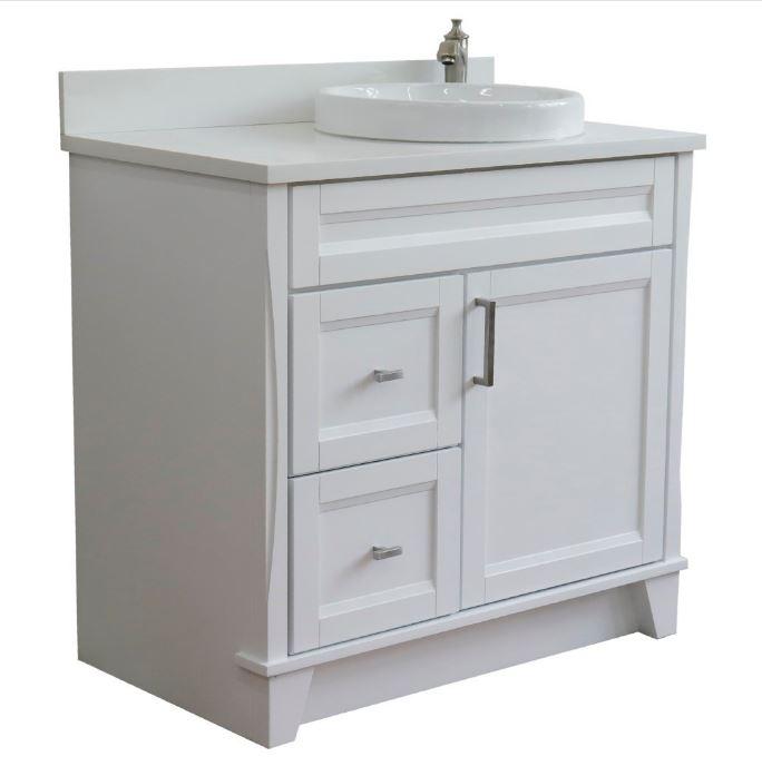 Bella Terra Home 37 Inch Single Sink Vanity In White Finish With White Quartz And Left Round Sink Right Drawers - Sinks and Vanities
