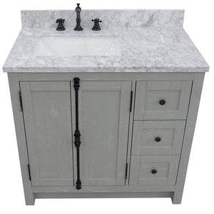 Bellaterra Home Vanity BellaTerra Home 37" Single vanity in Gray Ash finish with White Carrara top and rectangle sink - Left doors/Left sink  400100-37L-GYA-WMR