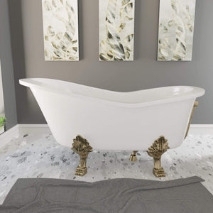 Cambridge Plumbing Bathtub Antique Brass Cambridge Plumbing ES-ST62-NH-AB Dolomite Mineral Composite Clawfoot Slipper Tub with Antique Brass Feet and Drain Assembly 62 x 30