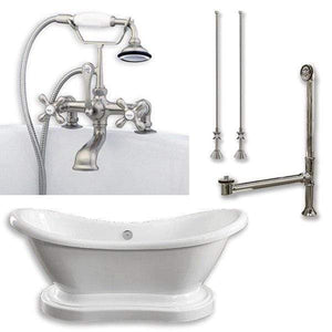 Cambridge Plumbing Bathtub Brushed Nickel Cambridge Plumbing ADES-PED-463D-2-PKG-7DH Acrylic Double Slipper Pedestal Soaking Tub with Complete Plumbing Package