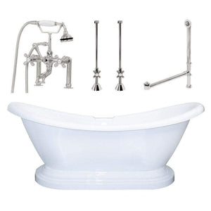Cambridge Plumbing Bathtub Brushed Nickel Cambridge Plumbing ADES-PED-463D-6-PKG-7DH Acrylic Double Slipper Pedestal Soaking Tub with Complete Plumbing package