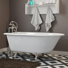Load image into Gallery viewer, Cambridge Plumbing Bathtub Brushed Nickel Cambridge Plumbing RR55-463D-6-PKG-7DH Cast-Iron Rolled Rim Clawfoot Tub 55&quot; X 30&quot; with  7&quot; Deck Mount Faucet Drillings And British Telephone Faucet Complete Plumbing Package With Six Inch Deck Mount Risers