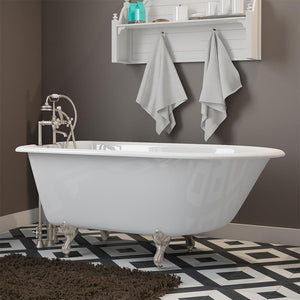 Cambridge Plumbing Bathtub Brushed Nickel Cambridge Plumbing RR55-463D-6-PKG-7DH Cast-Iron Rolled Rim Clawfoot Tub 55" X 30" with  7" Deck Mount Faucet Drillings And British Telephone Faucet Complete Plumbing Package With Six Inch Deck Mount Risers