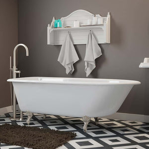 Cambridge Plumbing Bathtub Brushed Nickel Cambridge Plumbing RR61-150-PKG-NH Cast-Iron Rolled Rim Clawfoot Tub 61" X 30" with no Faucet Drillings and Complete Modern Freestanding Tub Filler with Hand Held Shower Assembly Plumbing Package