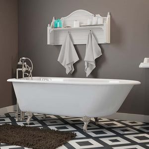 Cambridge Plumbing Bathtub Brushed Nickel Cambridge Plumbing RR61-463D-6-PKG-BN-7DH Cast-Iron Rolled Rim Clawfoot Tub 61" X 30" with  7" Deck Mount Faucet Drillings And British Telephone Style Faucet Complete Brushed Nickel Plumbing Package With Six Inch Deck Mount Risers