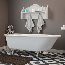 Load image into Gallery viewer, Cambridge Plumbing Bathtub Brushed Nickel Cambridge Plumbing RR61-684D-PKG-BN-7DH Cast-Iron Rolled Rim Clawfoot Tub 61&quot; X 30&quot; with 7&quot; Deck Mount Faucet Drillings and English Telephone Style Faucet Complete Brushed Nickel Plumbing Package