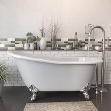 Load image into Gallery viewer, Cambridge Plumbing Bathtub Brushed Nickel Cambridge Plumbing ST61-150-PKG-NH Cast Iron Slipper Clawfoot Tub 61&quot; X 30&quot; with no Faucet Drillings and Complete Modern Freestanding Tub Filler with Hand Held Shower Assembly Plumbing Package