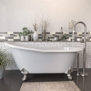 Cambridge Plumbing Bathtub Brushed Nickel Cambridge Plumbing ST67-150-PKG-NH Cast Iron Slipper Clawfoot Tub 67" X 30" with no Faucet Drillings and Complete Modern Freestanding Tub Filler with Hand Held Shower Assembly Plumbing Package