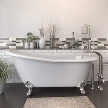 Load image into Gallery viewer, Cambridge Plumbing Bathtub Brushed Nickel Cambridge Plumbing ST67-398684-PKG-NH Cast Iron Slipper Clawfoot Tub 67&quot; X 30&quot; with no Faucet Drillings and Complete Free Standing English Telephone Style Faucet with Hand Held Shower Assembly Plumbing Package