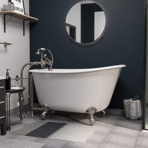 Cambridge Plumbing Bathtub Brushed Nickel Cambridge Plumbing SWED54-398463-PKG-NH Cast Iron Swedish Slipper Tub 54" X 30" with No Faucet Drillings and Complete Free Standing British Telephone Faucet and Hand Held Shower Plumbing Package