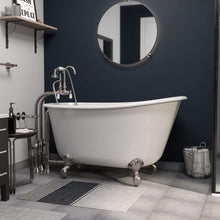 Load image into Gallery viewer, Cambridge Plumbing Bathtub Brushed Nickel Cambridge Plumbing SWED54-398684-PKG-NH Cast Iron Swedish Slipper Tub 54&quot; X 30&quot; with no Faucet Drillings and Complete Free Standing English Telephone Style Faucet with Hand Held Shower Assembly Plumbing Package