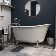 Load image into Gallery viewer, Cambridge Plumbing Bathtub Brushed Nickel Cambridge Plumbing SWED58-398463-PKG-NH Cast Iron Swedish Slipper Tub 58&quot; X 30&quot; with No Faucet Drillings and Complete Plumbing Package