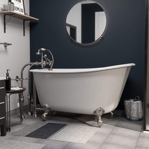 Cambridge Plumbing Bathtub Brushed Nickel Cambridge Plumbing SWED58-398463-PKG-NH Cast Iron Swedish Slipper Tub 58" X 30" with No Faucet Drillings and Complete Plumbing Package