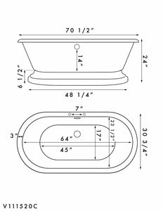 Cambridge Plumbing Bathtub Cambridge Plumbing ADEP-684D-PKG-7DH Acrylic Double Ended Pedestal Bathtub 70" X 30" with 7 inch Deck Mount Faucet Drillings and Complete  Plumbing Package