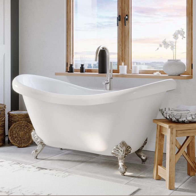 Cambridge Plumbing Bathtub Cambridge Plumbing ADES-150-PKG-NH Acrylic Double Slipper Clawfoot Soaking Tub with Complete Brushed Nickel Plumbing Package