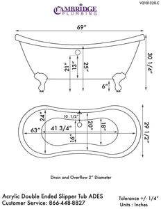 Cambridge Plumbing Bathtub Cambridge Plumbing ADES-398463-PKG-NH Acrylic Double Slipper Clawfoot Soaking Tub and Complete Brushed Nickel Plumbing Package