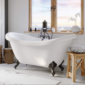 Cambridge Plumbing Bathtub Cambridge Plumbing ADES-398463-PKG-NH Acrylic Double Slipper Clawfoot Soaking Tub and Complete Brushed Nickel Plumbing Package