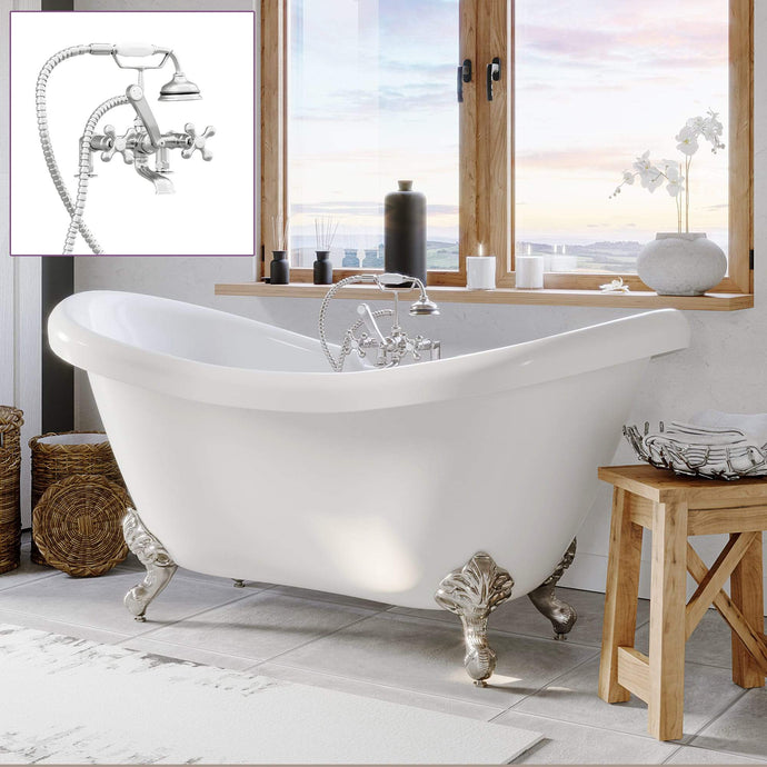 Cambridge Plumbing Bathtub Cambridge Plumbing ADES-463D-2-PKG-7DH Acrylic Double Slipper Clawfoot Bathtub and Complete Brushed Nickel Plumbing Package