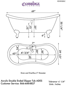 Cambridge Plumbing Bathtub Cambridge Plumbing ADES-684D-PKG-7DH Acrylic Double Slipper Clawfoot Soaking Tub and Complete  Plumbing Package