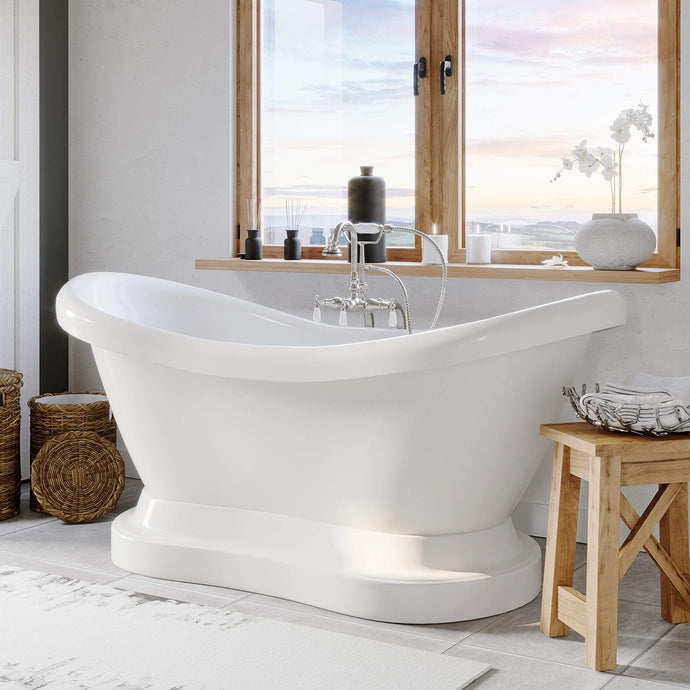 Cambridge Plumbing Bathtub Cambridge Plumbing ADES-PED-398684-PKG-NH Acrylic Double Slipper Pedestal Soaking Tub with Complete Plumbing Package