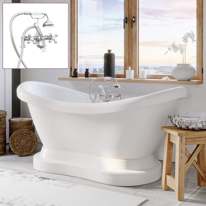 Cambridge Plumbing Bathtub Cambridge Plumbing ADES-PED-463D-2-PKG-7DH Acrylic Double Slipper Pedestal Soaking Tub with Complete Plumbing Package