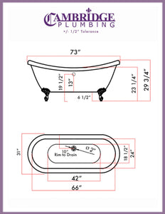 Cambridge Plumbing Bathtub Cambridge Plumbing ADESXL-NH Extra Large Acrylic Double Slipper Clawfoot Tub and Continuous Rim