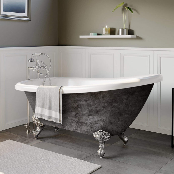 Cambridge Plumbing Bathtub Cambridge Plumbing AST61-DH-CP-SP Hand Painted Scorched Platinum Acrylic Slipper Bathtub with 7” Deck Mount Faucet Holes and Polished Chrome Feet