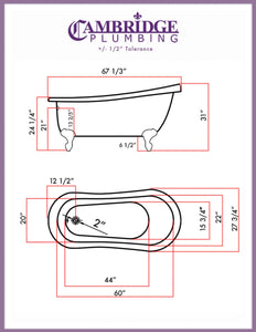 Cambridge Plumbing Bathtub Cambridge Plumbing AST67-398684-PKG-NH 67 Inch Acrylic Clawfoot Slipper Soaking Tub with Continuous Rim and Polished Plumbing Package