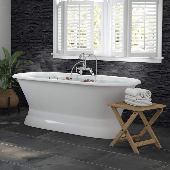Cambridge Plumbing Bathtub Cambridge Plumbing DE66-PED-684D-PKG-DH 66 Inch Cast Iron Dual-Ended Pedestal Bathtub with Deckmount faucet drillings Complete plumbing package