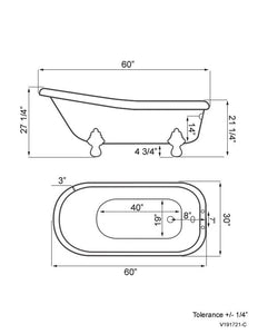 Cambridge Plumbing Bathtub Cambridge Plumbing USA-AST60-DH-BN USA Quality 60 Inch Clawfoot Slipper Tub with Deck Mount Faucet Holes and Brushed Nickel Feet