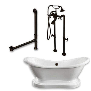 Cambridge Plumbing Bathtub Oil-Rubbed Bronze Cambridge Plumbing ADES-PED-398463-PKG-NH Acrylic Double Slipper Pedestal Soaking Tub with Complete Plumbing Package