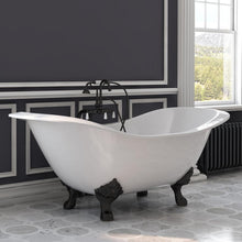 Load image into Gallery viewer, Cambridge Plumbing Bathtub Oil Rubbed Bronze Cambridge Plumbing DES-463D-2-PKG-7DH Cast Iron Double Ended Slipper Tub 71&quot; X 30&quot; with 7&quot; Deck Mount Faucet Drillings and Complete Plumbing Package