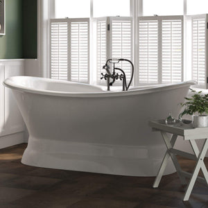 Cambridge Plumbing Bathtub Oil Rubbed Bronze Cambridge Plumbing DES-PED-463D-6-PKG-BN-7DH Cast Iron Double Ended Slipper Tub 71" X 30" with 7" Deck Mount Faucet Drillings and British Telephone Style Faucet Complete Brushed Nickel Plumbing Package With Six Inch Deck Mount Risers