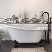 Load image into Gallery viewer, Cambridge Plumbing Bathtub Oil Rubbed Bronze Cambridge Plumbing ST61-150-PKG-NH Cast Iron Slipper Clawfoot Tub 61&quot; X 30&quot; with no Faucet Drillings and Complete Modern Freestanding Tub Filler with Hand Held Shower Assembly Plumbing Package