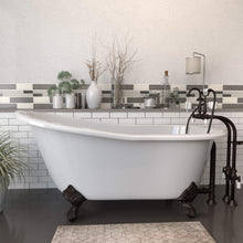 Load image into Gallery viewer, Cambridge Plumbing Bathtub Oil Rubbed Bronze Cambridge Plumbing ST61-398684-PKG-BN-NH Cast Iron Slipper Clawfoot Tub 61&quot; X 30&quot; with no Faucet Drillings and Complete Brushed Nickel Free Standing English Telephone Style Faucet with Hand Held Shower Assembly Plumbing Package