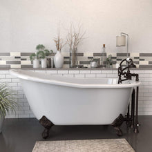 Load image into Gallery viewer, Cambridge Plumbing Bathtub Oil Rubbed Bronze Cambridge Plumbing ST61-463D-2-PKG-7DH Cast Iron Slipper Clawfoot Tub 61&quot; X 30&quot; with 7&quot; Deck Mount Faucet Drillings and Complete Plumbing Package