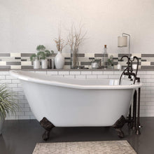 Load image into Gallery viewer, Cambridge Plumbing Bathtub Oil Rubbed Bronze Cambridge Plumbing ST61-684D-PKG-7DH Cast Iron Slipper Clawfoot Tub 61&quot; X 30&quot; with 7&quot; Deck Mount Faucet Drillings and English Telephone Style Faucet Complete Plumbing Package