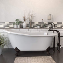 Load image into Gallery viewer, Cambridge Plumbing Bathtub Oil Rubbed Bronze Cambridge Plumbing ST67-398684-PKG-NH Cast Iron Slipper Clawfoot Tub 67&quot; X 30&quot; with no Faucet Drillings and Complete Free Standing English Telephone Style Faucet with Hand Held Shower Assembly Plumbing Package