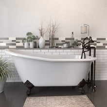 Load image into Gallery viewer, Cambridge Plumbing Bathtub Oil Rubbed Bronze Cambridge Plumbing ST67-463D-6-PKG-7DH Cast Iron Slipper Clawfoot Tub 67&quot; X 30&quot; with  7&quot; Deck Mount Faucet Drillings and British Telephone Style Faucet Complete Plumbing Package And Six Inch Deck Mount Risers