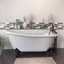 Load image into Gallery viewer, Cambridge Plumbing Bathtub Oil Rubbed Bronze Cambridge Plumbing ST67-684D-PKG-7DH Cast Iron Slipper Clawfoot Tub 67&quot; X 30&quot; with  7&quot; Deck Mount Faucet Drillings and English Telephone Style Faucet Complete Plumbing Package
