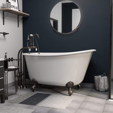 Load image into Gallery viewer, Cambridge Plumbing Bathtub Oil Rubbed Bronze Cambridge Plumbing SWED54-398684-PKG-NH Cast Iron Swedish Slipper Tub 54&quot; X 30&quot; with no Faucet Drillings and Complete Free Standing English Telephone Style Faucet with Hand Held Shower Assembly Plumbing Package