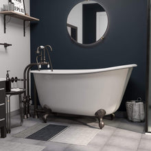 Load image into Gallery viewer, Cambridge Plumbing Bathtub Oil Rubbed Bronze Cambridge Plumbing SWED58-398684-PKG-NH Cast Iron Swedish Slipper Tub 58&quot; X 30&quot; with no Faucet Drillings and Complete Free Standing English Telephone Style Faucet with Hand Held Shower Assembly Plumbing Package