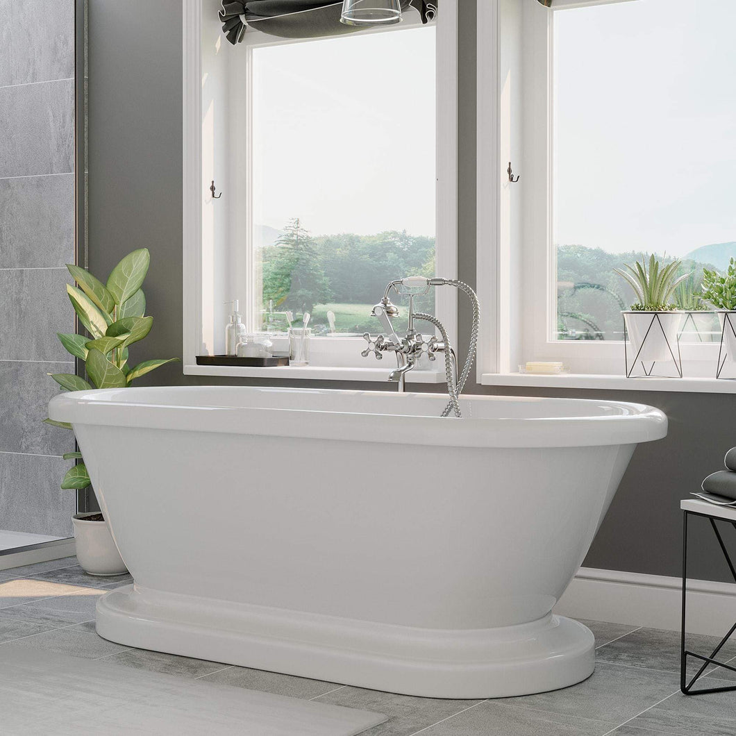 Cambridge Plumbing Bathtub Polished Chrome Cambridge Plumbing ADEP-398463-PKG-NH Acrylic Double Ended Pedestal Bathtub 70 X 30 Inch with no Faucet Drillings and Complete Plumbing Package