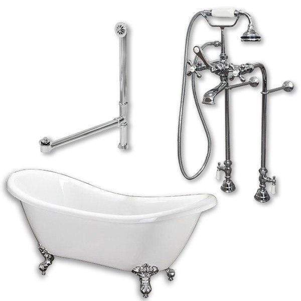 Cambridge Plumbing Bathtub Polished Chrome Cambridge Plumbing ADES-398463-PKG-NH Acrylic Double Slipper Clawfoot Soaking Tub and Complete Brushed Nickel Plumbing Package