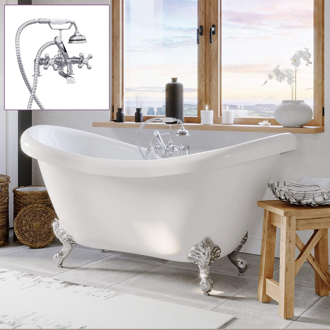 Cambridge Plumbing Bathtub Polished Chrome Cambridge Plumbing ADES-463D-2-PKG-7DH Acrylic Double Slipper Clawfoot Bathtub and Complete Brushed Nickel Plumbing Package