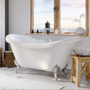 Cambridge Plumbing Bathtub Polished Chrome Cambridge Plumbing ADES-684D-PKG-7DH Acrylic Double Slipper Clawfoot Soaking Tub and Complete  Plumbing Package