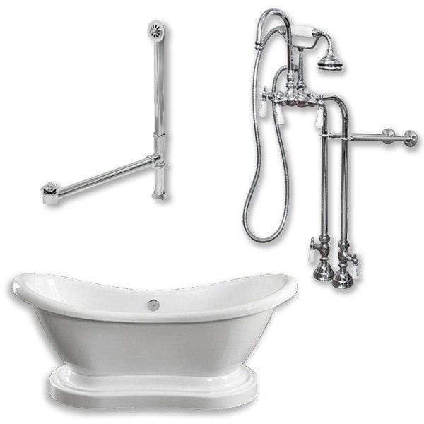 Cambridge Plumbing Bathtub Polished Chrome Cambridge Plumbing ADES-PED-398684-PKG-NH Acrylic Double Slipper Pedestal Soaking Tub with Complete Plumbing Package