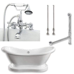 Cambridge Plumbing Bathtub Polished Chrome Cambridge Plumbing ADES-PED-463D-2-PKG-7DH Acrylic Double Slipper Pedestal Soaking Tub with Complete Plumbing Package