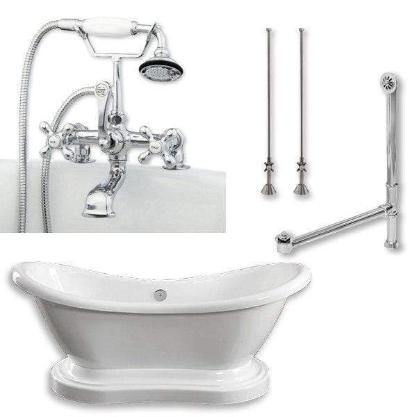 Cambridge Plumbing Bathtub Polished Chrome Cambridge Plumbing ADES-PED-463D-2-PKG-7DH Acrylic Double Slipper Pedestal Soaking Tub with Complete Plumbing Package